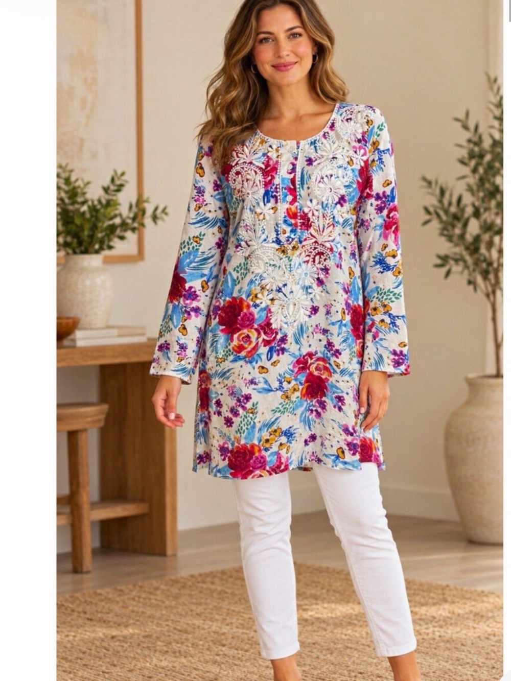 Vintage Goa Beautiful Floral Embroidered Long Sleeve Tunic Dress - White/Multi
